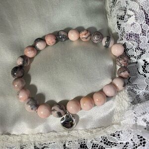 NATURAL ZERBA JASPER GEMSTONE STRETCH BRACELET  with Silver Heart Charm